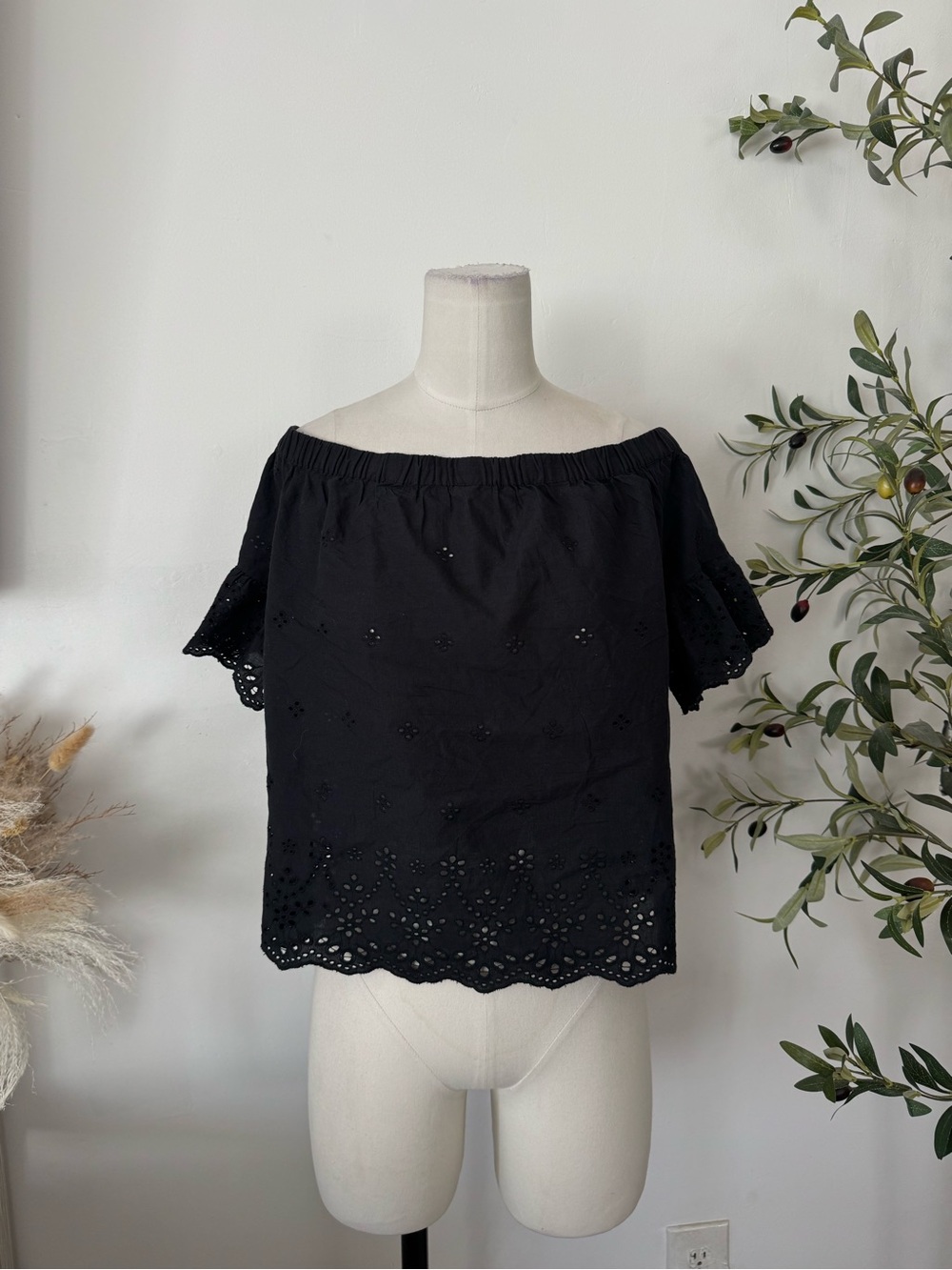 Madewell XL Black Eyelet Off Shoulder Top Cotton Boho Blouse
